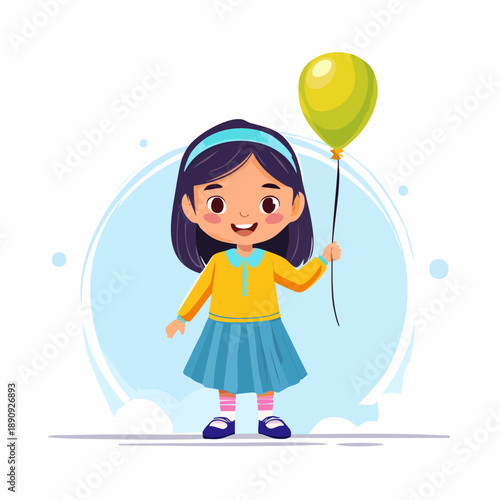 Cartoon Girl Holding Yellow Balloon.