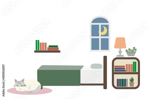 月明かりの寝室イラスト｜丸まる猫と本棚のある静かな部屋