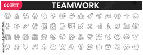teamwork line icons set, businessman outline icon collection, business teamwork, human resources, meeting, partnership, work group, success concept, stock vector.