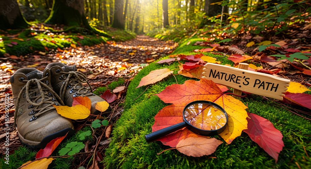 Fototapeta premium old rusty bicycle wheel, autumn leaves in the garden, autumn leaves on a wooden fence, Nature Discovery, Sustainable Outdoor Adventure, Moss and Autumn Leaves.