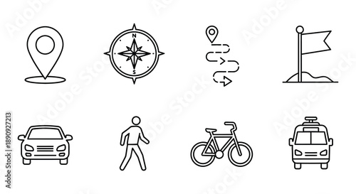 Travel and transportation icons in a simple line art style