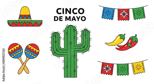 Colorful Cinco de Mayo with Cacti Maracas Peppers Flags