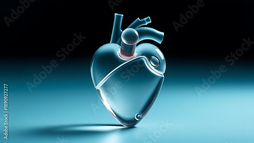 An abstract glass sculpture of a human heart, with a single statin pill balanced on its top.