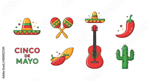 Colorful Cinco de Mayo with Sombreros Maracas Guitar Chili Cactus Mexican festival