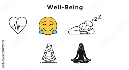 Well being icons set with heart rate happy face sleeping and meditation symbols for health and mindfulness concepts