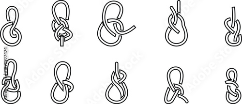 Tightrope Walking Icon set, Symbol, Balance and Risk Concept, Circus Acrobat on Rope complicated knot, Minimal Line for Business Strategy, potential break Stability Focus Challenge and Decision Making