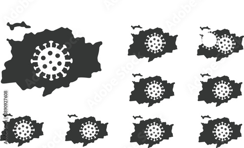 Virus Spread Map Silhouette Vector Set with Country Shapes and Microbe Icons for Pandemic Awareness, Epidemiology Visualization, Healthcare Infographics, and Medical Design Projects