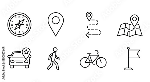Travel and transportation icons in a simple line art style