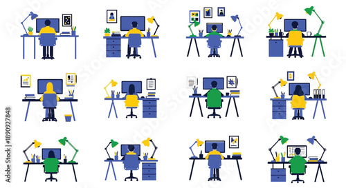 Isometric illustrations depicting people working at desks with computers
