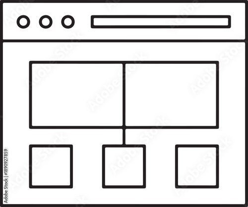 A simple wireframe layout of a webpage with a header navigation bar and a main content area divided into sections and a footer