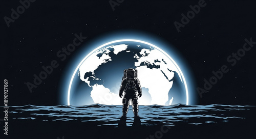 Astronaut standing on distant planet with glowing earth in background space exploration concept