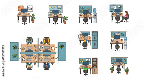 Overhead view of various office workstation layouts with employees