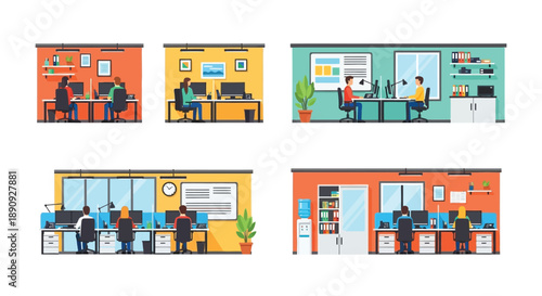 Four office scenes depict employees working at desks in various layouts