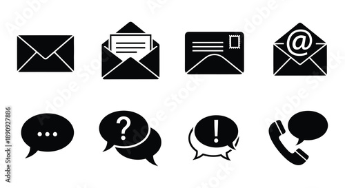 Black and white communication icons depicting mail messages and support