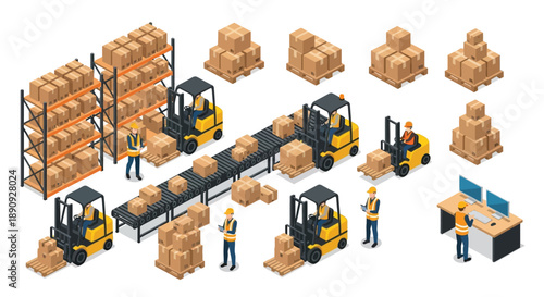 Isometric view of a busy warehouse with forklifts conveyor belts and workers