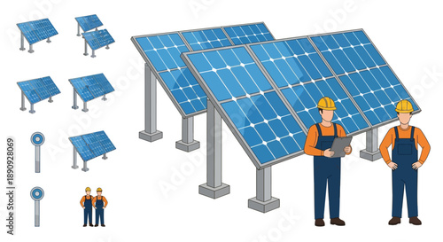 Isometric solar panels with workers and related icons for renewable energy