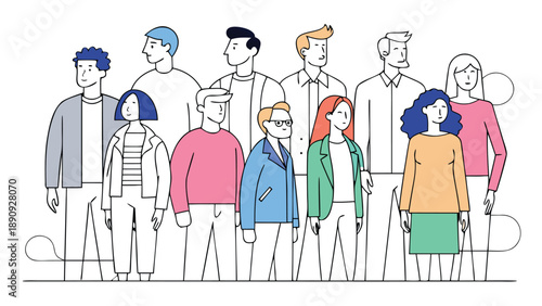 A line drawing depicting a diverse crowd of people standing together, showcasing various postures and expressions..eps