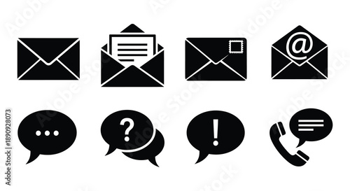 Black and white communication icons depicting mail messages and support