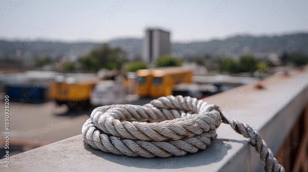 Fototapeta premium Thick weathered rope coiled on a concrete railing with an industrial port scene in the background