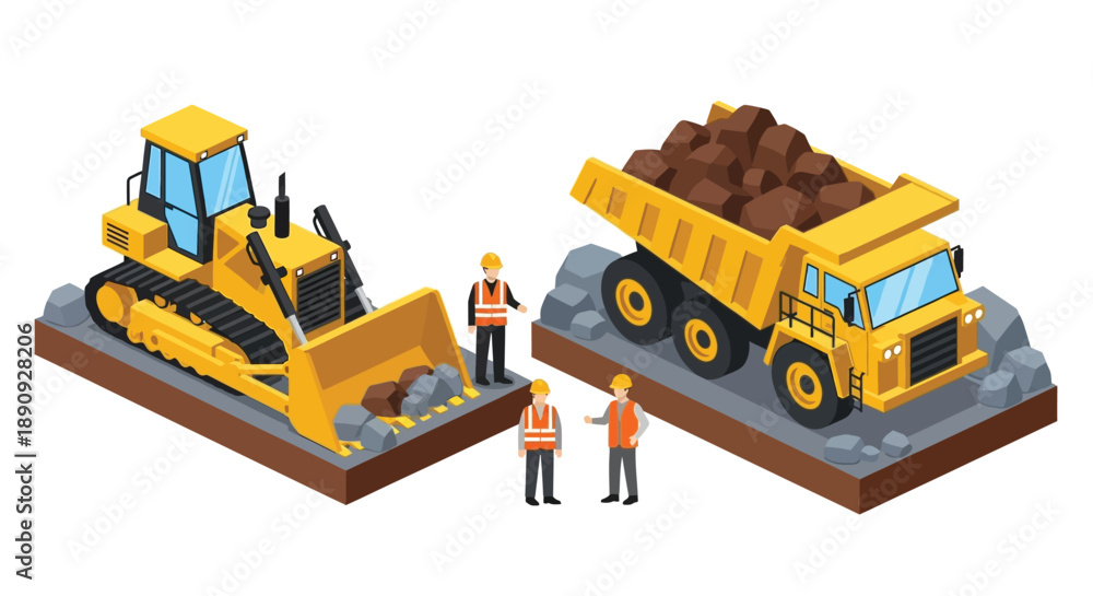 Obraz premium Isometric illustration of construction machinery and workers at a site