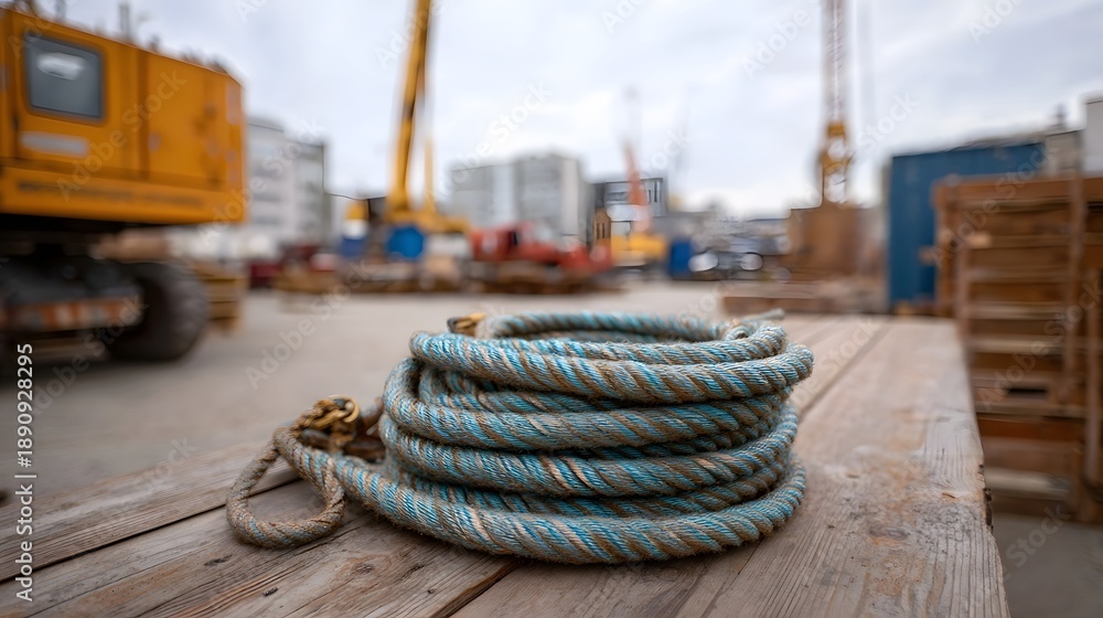 Fototapeta premium Coiled thick rope on wooden planks at a construction site