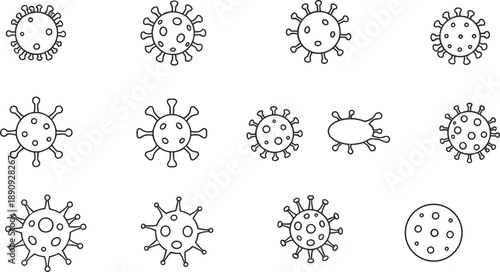 Virus Outline Icon Vector Set with Simple Line Art Microbe Symbols for Medical Education, Healthcare Graphics, Science Illustrations, and Infection Awareness Designs