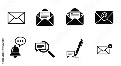 Black and white communication icons depicting mail messages and support