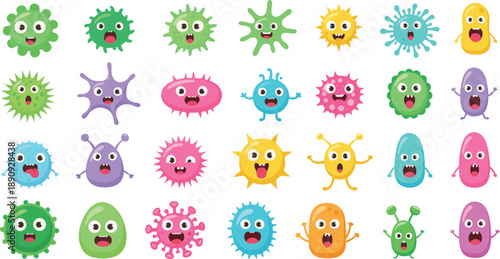 Cute Cartoon Germs and Microbes Vector Collection with Funny Facial Expressions and Colorful Characters for Kids Education, Healthcare Awareness, and Science Illustrations