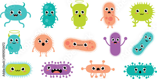 Cute Cartoon Germs and Bacteria Vector Set with Funny Expressions and Colorful Microbe Characters for Kids Education, Healthcare Awareness, and Science Design Projects