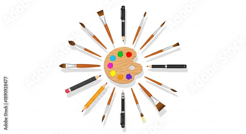 Artist's paintbrushes and palette arranged in a circle on a white background for creative design