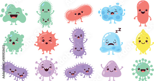 Cute Cartoon Germ and Bacteria Character Vector Set with Funny Expressions and Colorful Microbes for Kids Education, Healthcare Awareness, and Science Illustration Projects
