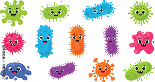 Cute Cartoon Germ and Bacteria Character Vector Set with Colorful Funny Microbes for Kids Education, Healthcare Awareness, Science Illustrations, and Medical Designs