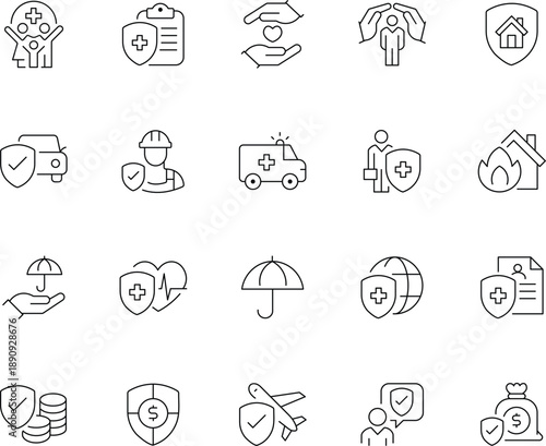 Insurance and Protection Line Icon Set - Minimalist Security, Health, and Financial Safety Symbols