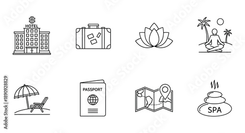 Collection of travel and leisure icons in a minimalist line art style