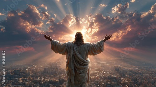 Christ Standing With Outstretched Arms And Glowing Halo Above Urban Landscape