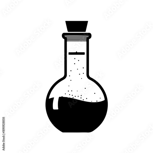 Minimalist infographic icon showing the process of dissolving a substance inside a volumetric flask for concentration preparation