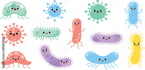 Cute Cartoon Germ and Bacteria Vector Illustration Set with Colorful Microbe Characters for Kids Education, Healthcare Awareness, Science Projects, and Medical Designs