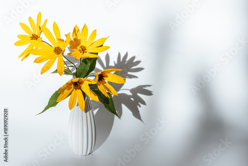 white vase holds several yellow flowers with green leaves. light shines on flowers, creating clear shadows on surface below. this scene shows simple and natural arrangement. close up.