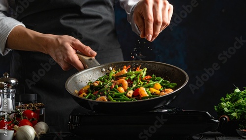 Chef holding pan of shrimp and greens over stovetop, surrounded by fresh ingredients in moody lighting.