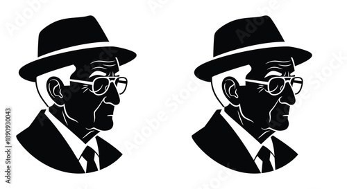 Black and white illustration of an elderly man wearing a hat and glasses