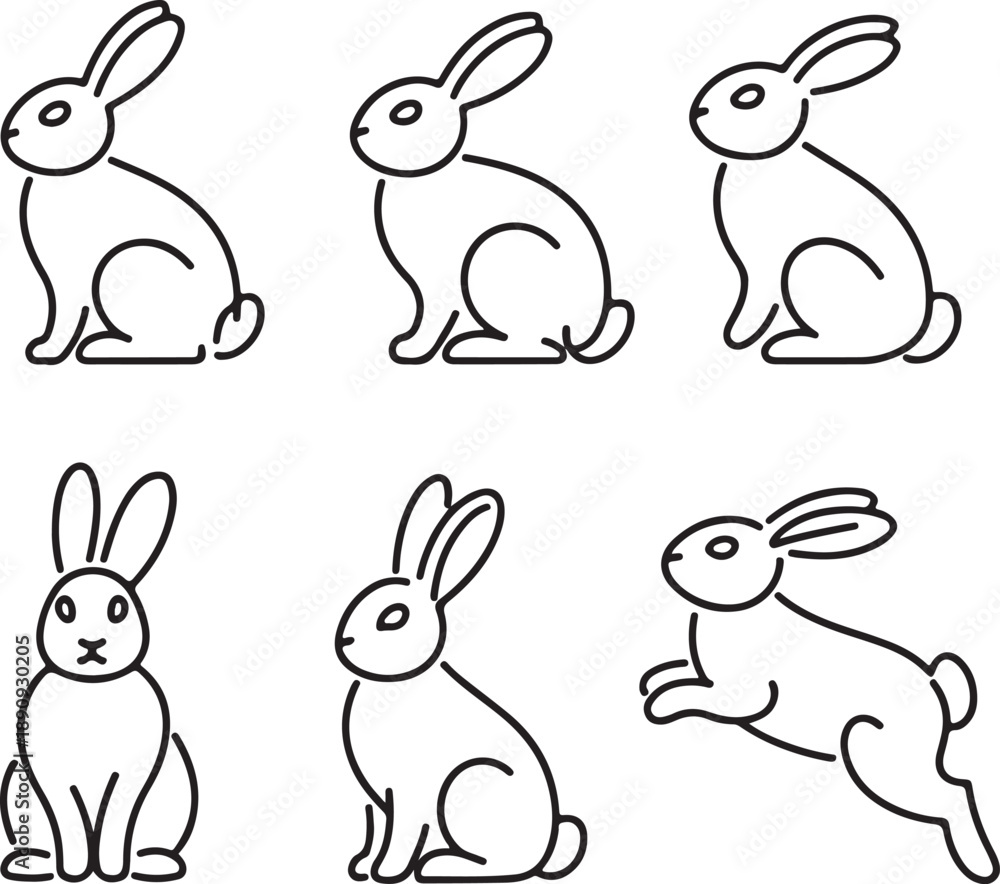 Fototapeta premium Continuous line drawing of easter rabbit set