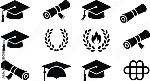 Cuadro en lienzo Black Graduation Icons Set with Mortarboard Caps, Diplomas, Laurel Wreaths, and Academic Symbols for Education, University Commencement, and Student Achievement Celebration Design