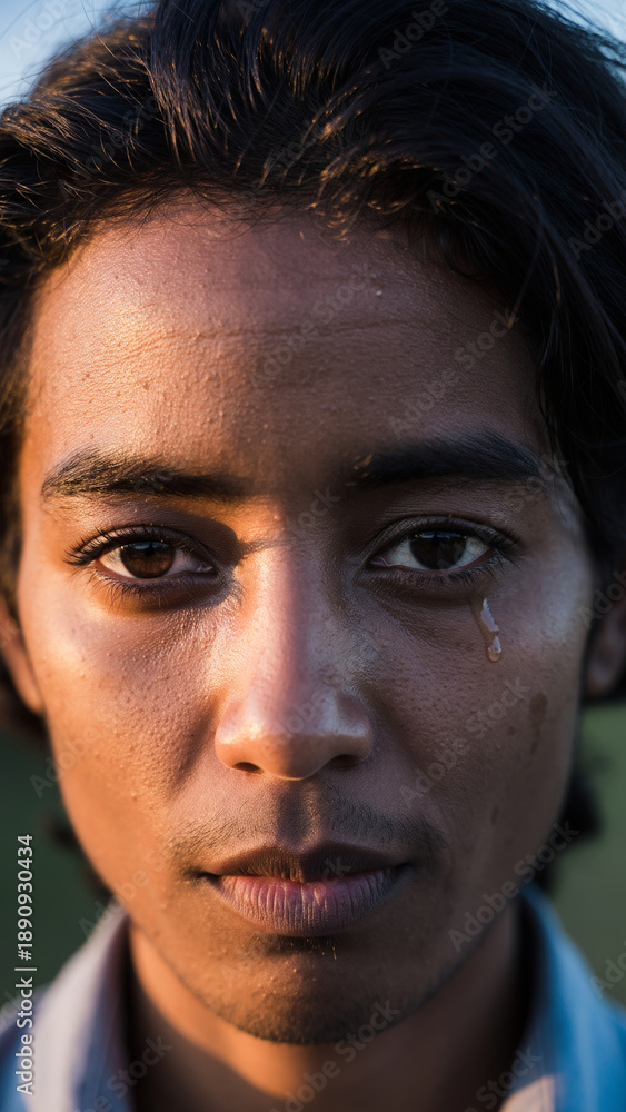 Obraz premium Close-up of a woman with dark hair and a tear on her cheek.