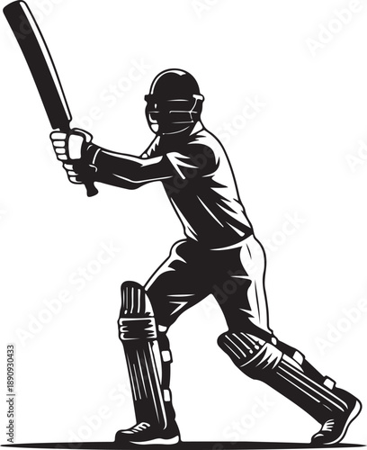 Cricket player taking a shot vector illustration, Cricket batsman hitting the ball detailed silhouette vector image 