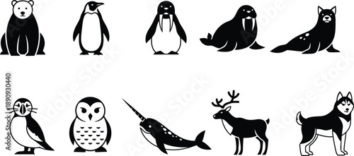 A collection of black and white icons of arctic and antarctic animals
