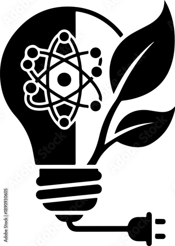 Black and white light bulb with an atom and leaves growing out
