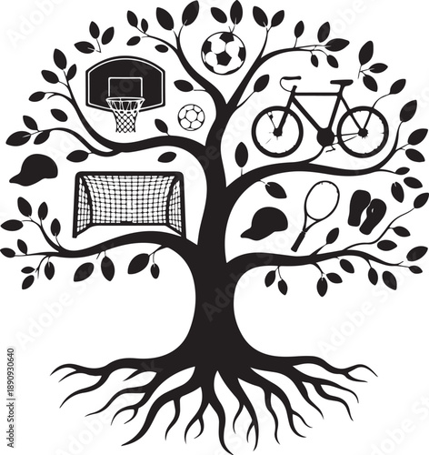 Dynamic tree of life filled with fun sports and outdoor recreation equipment for healthy lifestyle inspiration and active family adventures