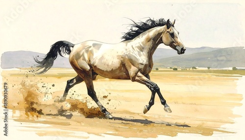 Wallpaper Mural Horse gallops across open field. Dust kicks up. Watercolor illustration, muted earth tones Torontodigital.ca