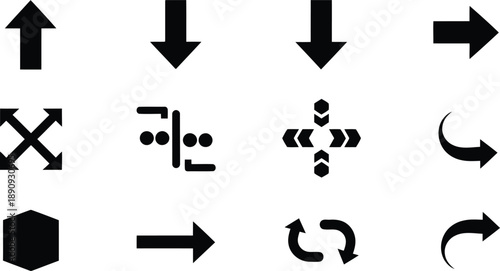 A collection of black silhouette ui icons and symbols including directional arrows and navigation elements