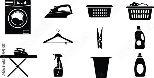 A set of black silhouettes illustrating various laundry items and tools